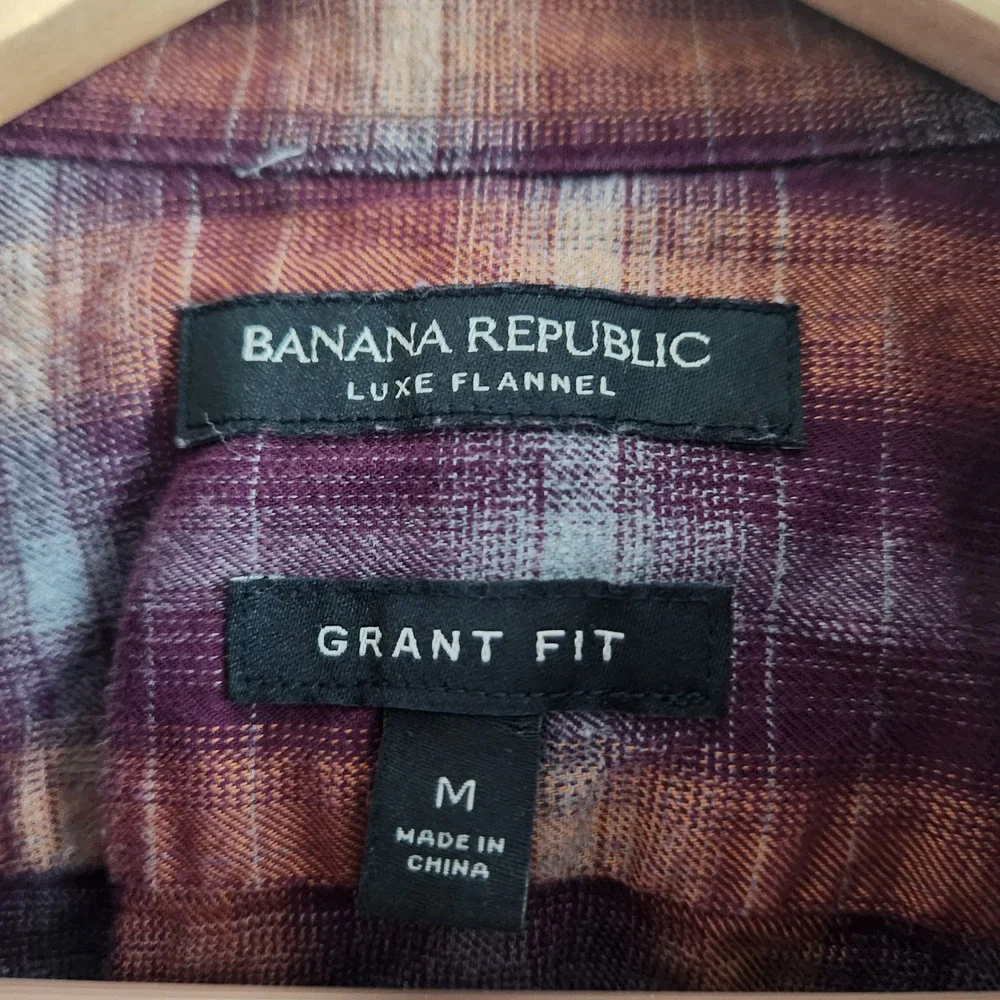 Banana Republic Grant Fit Luxe Flannel Shirt Mens M Purple Orange Plaid Cabin